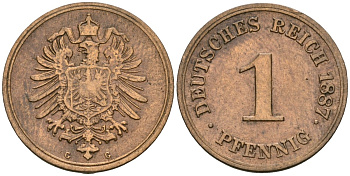 Германия 1 пфенниг 1887 G, Вильгельм I (1871-1888) KM 1, J. 1 медь 4547-448