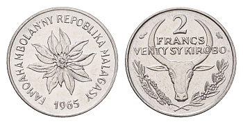 Мадагаскар 2 франка 1965 KM 9 нержавеющая сталь UNC 4669-467