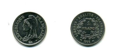 Франция 1 франк 1992 200 лет Французской республике KM 1004.1, Le Franc 229.2 никель UNC 83-1226