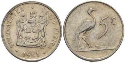 ЮАР 5 центов 1981 герб, райский журавль KM 84 никель 66-333