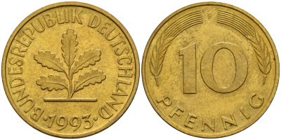 ФРГ 10 пфеннигов 1993 F J.382, KM 107 сталь плакированная латунью    4187-423