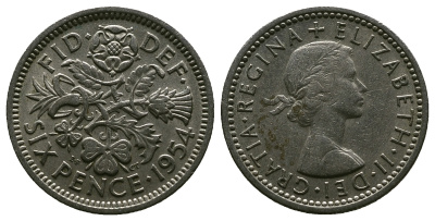 Великобритания 6 пенсов 1954 Елизавета II (1952-2022) KM 903, Spink 4149 медно-никель 4381-644