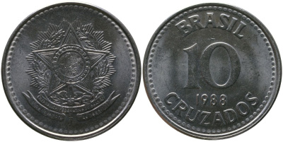 Бразилия 10 крузадо 1988 KM 607, Schon 116 нержавеющая сталь 4519-722