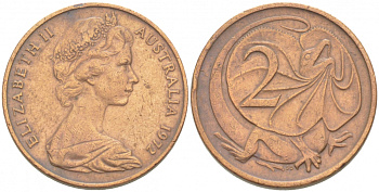 АВСТРАЛИЯ 2 ЦЕНТА 1972 ЕЛИЗАВЕТА II, МОЛОДОЙ ПОРТРЕТ, ПЛАЩЕНОСНАЯ ЯЩЕРИЦА (FRILLED LIZARD) KM 63 бронза 77-731
