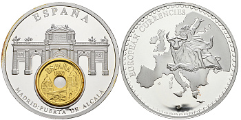 Нидерланды медаль 1993 серия европейские доевровые монеты, 54 гр., 50 мм.,с сертификатом, Испания, Мадрид, Пуэрта де Алькала  серебрение  PROOF  06-026-43