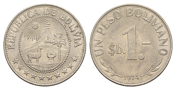 Боливия 1 песо 1974 KM 192 сталь плакированная никелем UNC 4628-633