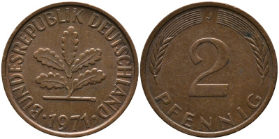 ФРГ 2 ПФЕННИГА 1971 J KM 106а, J.381а сталь плакированная сталь плакированная медьюю 33-234