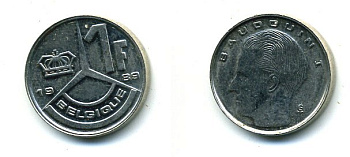 БЕЛЬГИЯ 1 ФРАНК 1989 BELGIQUE KM 170 сталь плакированная никелем 25-1427