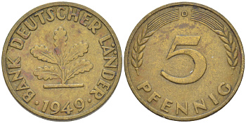 ФРГ 5 ПФЕННИГОВ 1949 D KM 102, J. 377 сталь плакированная латунью 4181-866