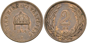 Венгрия 2 филлера 1914 KB, Франц Иосиф I (1848-1916) KM 481 бронза 4151-945