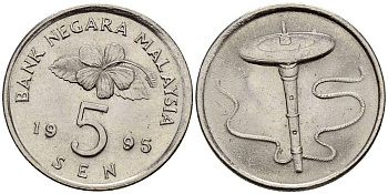 МАЛАЙЗИЯ 5 СЕН 1995 KM 50 медно-никель 4381-914