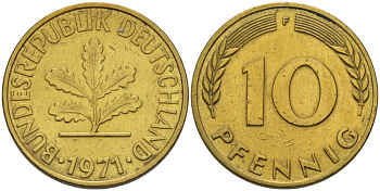 ФРГ 10 ПФЕННИГОВ 1971 F KM 108, J.383 сталь плакированная латунью 67-742