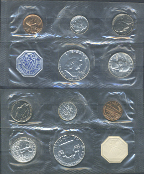 США набор из 5 монет (1, 5, 10 (дайм), 25 (квотер, 1/4 доллара) и 50 (1/2 доллара) центов) и отметки монетного двора 1960 P, в оригинальной упаковке, в запайке KM MS113 (164, A192, 195, 199 и 201) UNC 8-2-06-03