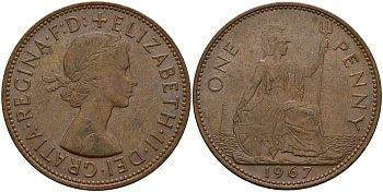 Великобритания 1 пенни 1967 Елизавета II (1952-2022) КМ 897, Spink 4157 бронза 4157-212