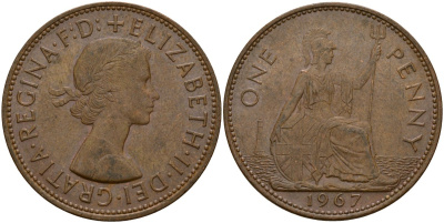 Великобритания 1 пенни 1967 Елизавета II (1952-2022) КМ 897, Spink 4157 бронза 4157-212