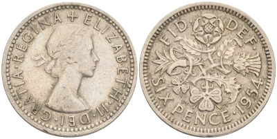 Великобритания 6 пенсов 1954 Елизавета II (1952-2022) KM 903, Spink 4149 медно-никель 192-228
