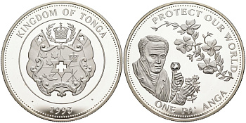 Тонга 1 паанга 1993 зашитим наш мир, Александр фон Гумбольт KM 153 серебро PROOF 02-073-35