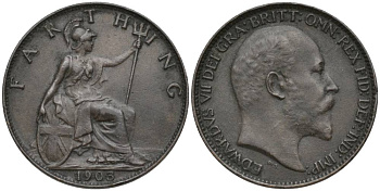 Великобритания 1 фартинг 1903 Эдуард VII (1901-1910), KM 792, Spink 3992 бронза 4548-1127