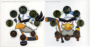 Финляндия евронабор из 8 монет 2012 Чемпионат мира по хоккею с шайбой, талисман, официальный набор в оригинальном буклете UNC 5-6-2-24