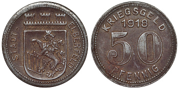 Германия, округ Эльберфельд 50 пфеннигов 1917 Вупперталь, Северный Рейн-Вестфалия, нотгельд железо 4119-1253