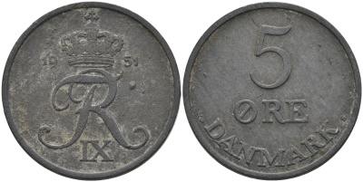 ДАНИЯ 5 ЭРЕ 1951 N; S, ФРЕДЕРИК IX (1947-1972) KM 843.1 цинк 4565-731