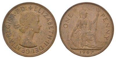 Великобритания 1 пенни 1967 Елизавета II (1952-2022) KM 897, Spink 4157 бронза 221-1041