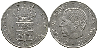 Швеция 1 крона 1973 U, Густав VI Адольф (1950-1973) КМ 826a медь плакированная медно-никелем 176-423