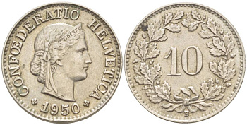 ШВЕЙЦАРИЯ 10 РАППЕНОВ 1950 В KM 27 медно-никель 216-1243