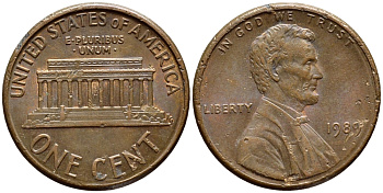 США 1 цент 1989 Линкольн KM 201b цинк плакированный медью 4396-453