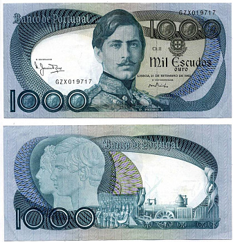 Португалия 1000 эскудо 1982 Педру V с королевой Стефанией, паровоз, 21 сентября, Manuel Jacinto Nunes, Alexandre de Azeredo Vaz Pinto Pick 175 d(2) бумага 7203-51-2-2