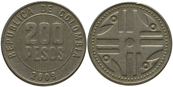 Колумбия 200 песо 2009 KM 287.4, Schon 113, Restrepo 446 никель латунь 4538-422