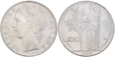 ИТАЛИЯ 100 ЛИР 1955 R, АФИНА У ОЛИВКОВОГО ДЕРЕВА, РЕДКИЙ ГОД KM 96.1 нержавеющая сталь 4545-616