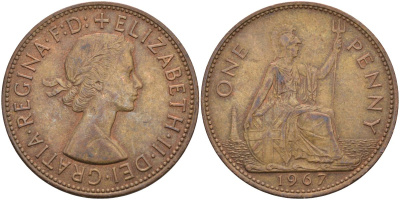 Великобритания 1 пенни 1967 Елизавета II (1952-2022) KM 897, Spink 4157 бронза 4117-1242
