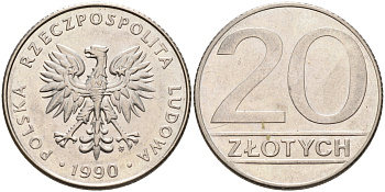 Польша 20 злотых 1990 MW KM 153.2, Parchimowicz 255b медно-никель 4566-512