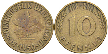 ФРГ 10 пфеннигов 1950 F KM 108, J. 383 сталь плакированная латунью 4513-945