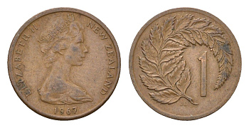 Новая Зеландия 1 цент 1967 Елизавета II (1952-2022), лист папоротника KM 31.1 бронза 4669-1164