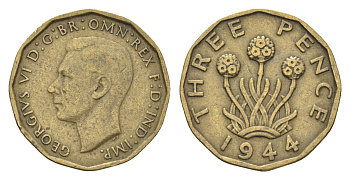 Великобритания 3 пенса 1944 Георг VI (1936-1952) KM 849, Spink 4112 никель латунь    4660-711