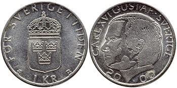 Швеция 1 крона 2000 Карл XVI Густав (1973- ) KM 852а медно-никель 60-313