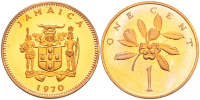 Ямайка 1 цент 1970 герб, фрукт аки KM 45 бронза PROOF 02-014-33