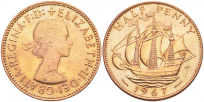 Великобритания 1/2 пенни 1967 Елизавета II (1952-2022) KM 896, Spink 4158 бронза UNC 77-255