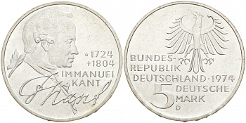 ФРГ 5 марок 1974 D, 250 лет со дня рождения Иммануила Канта KM 139 серебро 3855-622