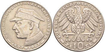 Польша 10 злотых 1967 20 лет со дня смерти генерала Сверчевского KM 58 медно-никель 215-1126