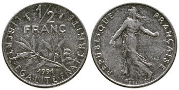 Франция 1/2 франка 1991 сеятель KM 931.1 никель 51-4315