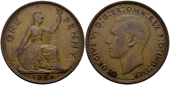 Великобритания 1 пенни 1944 Георг VI (1936-1952) KM 845, Spink 4114 бронза 4364-4235