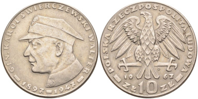 Польша 10 злотых 1967 20 лет со дня смерти генерала Сверчевского KM 58 медно-никель 215-1126