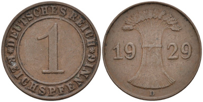 Германия 1 рейхспфенниг 1929 D KM 37, J.313, Weege 2 медь 4585-569