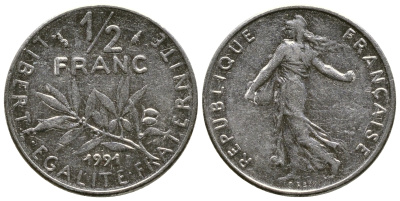 Франция 1/2 франка 1991 сеятель KM 931.1 никель 51-4315