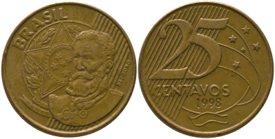 Бразилия 25 сентаво 1998 KM 650, Schon 158 сталь плакированная бронзой 4525-157