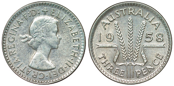 Австралия 3 пенса 1958 m, Елизавета II (1952-2022) KM 57 серебро 71-555