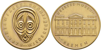 ГЕРМАНИЯ МЕДАЛЬ 1979 ВОССТАНОВЛЕНИЕ ЗАМОРСКОГО МУЗЕЯ В БРЕМЕНЕ, В СЕНТЯБРЕ 1979 ГОДА, ДИАМЕТР 40,5 ММ. жёлтый металл 1071-10-11